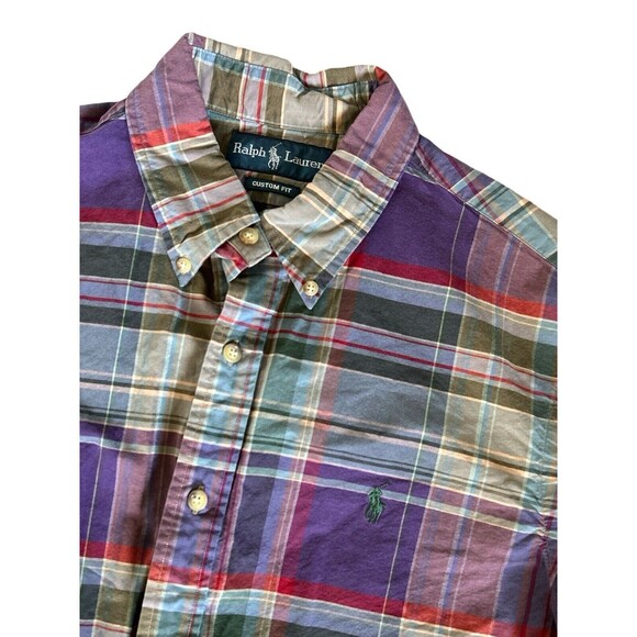 Ralph Lauren Classic Fit Shirt Mens Large Blue Purple Plaid Button Up Green Pony - Picture 2 of 4